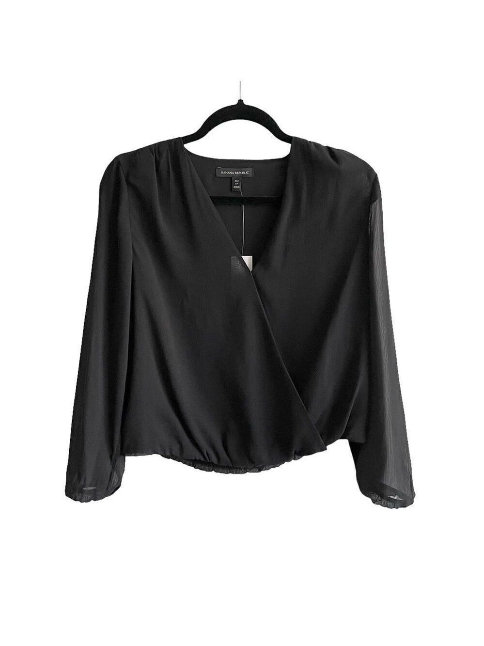 BANANA REPUBLIC Faux Wrap Cropped Long Sleeve Blouse Black XS